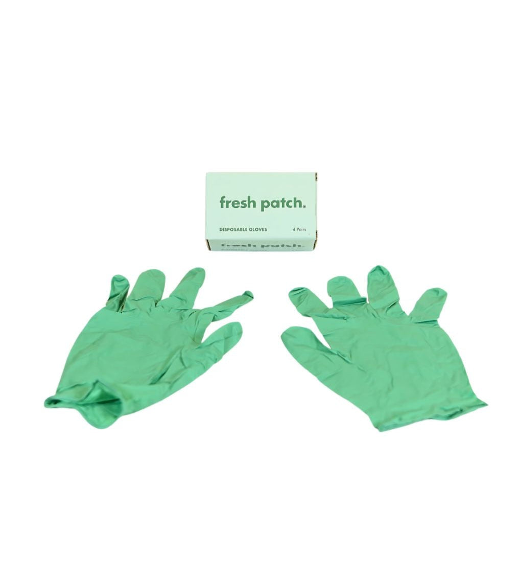 Two green gloves are shown below a small box labeled "fresh patch Disposable Gloves"