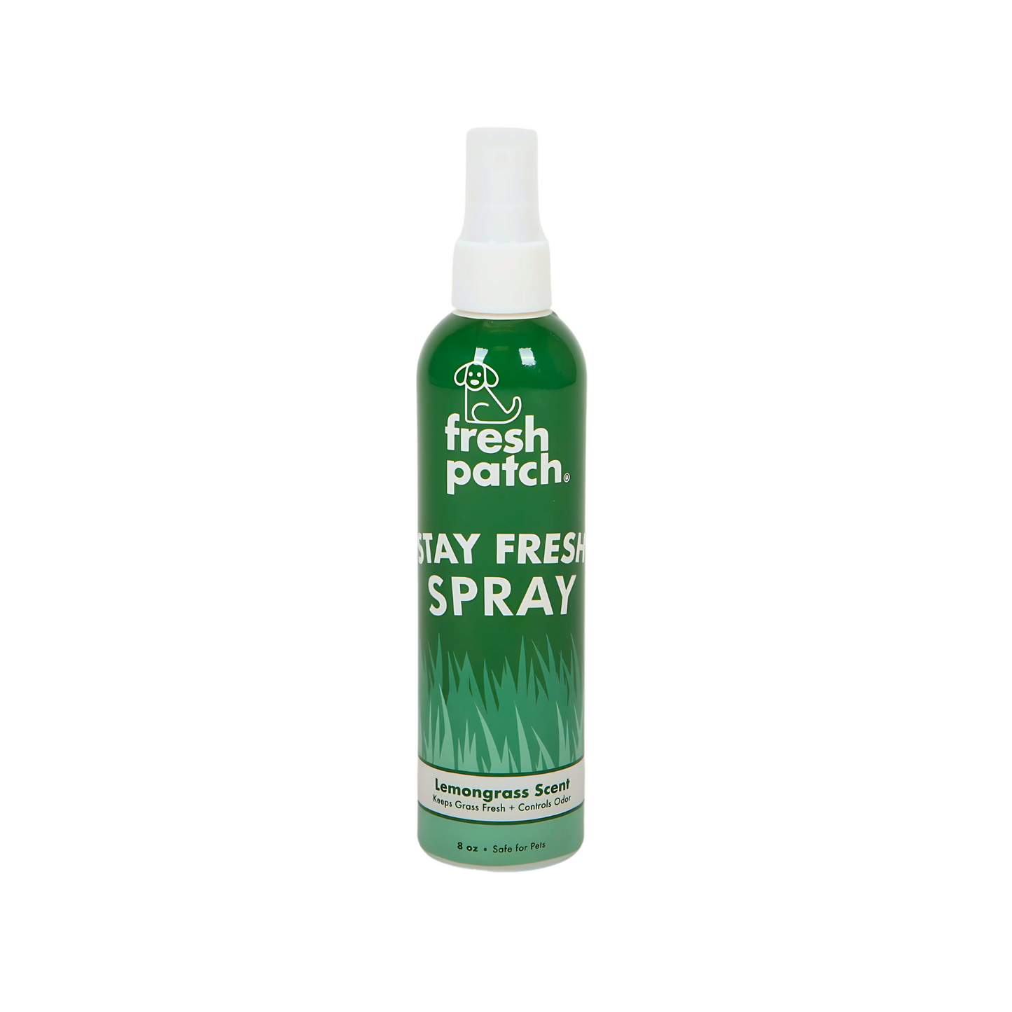 Green spray bottle labeled 'fresh patch Stay Fresh Spray' on a white background