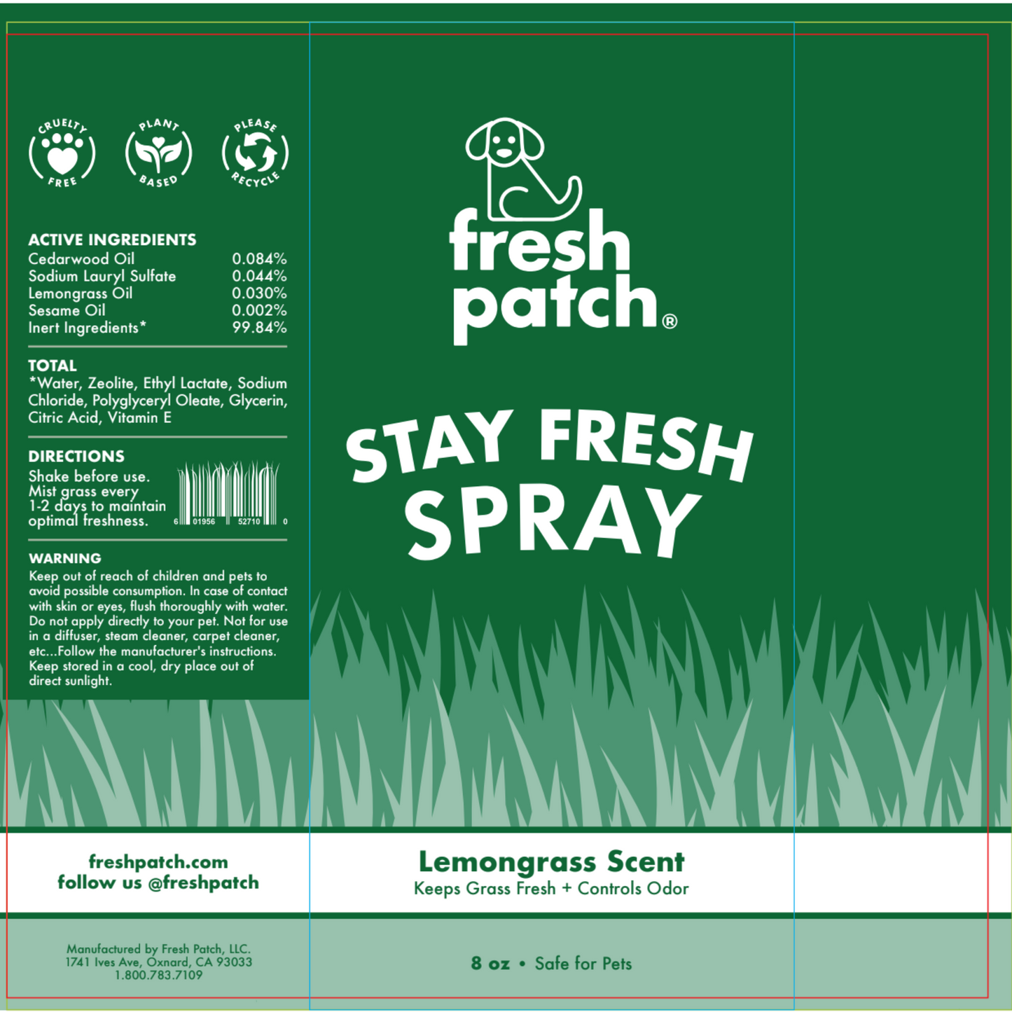 Green label of fresh patch stay fresh spray with lemongrass scent on a green background