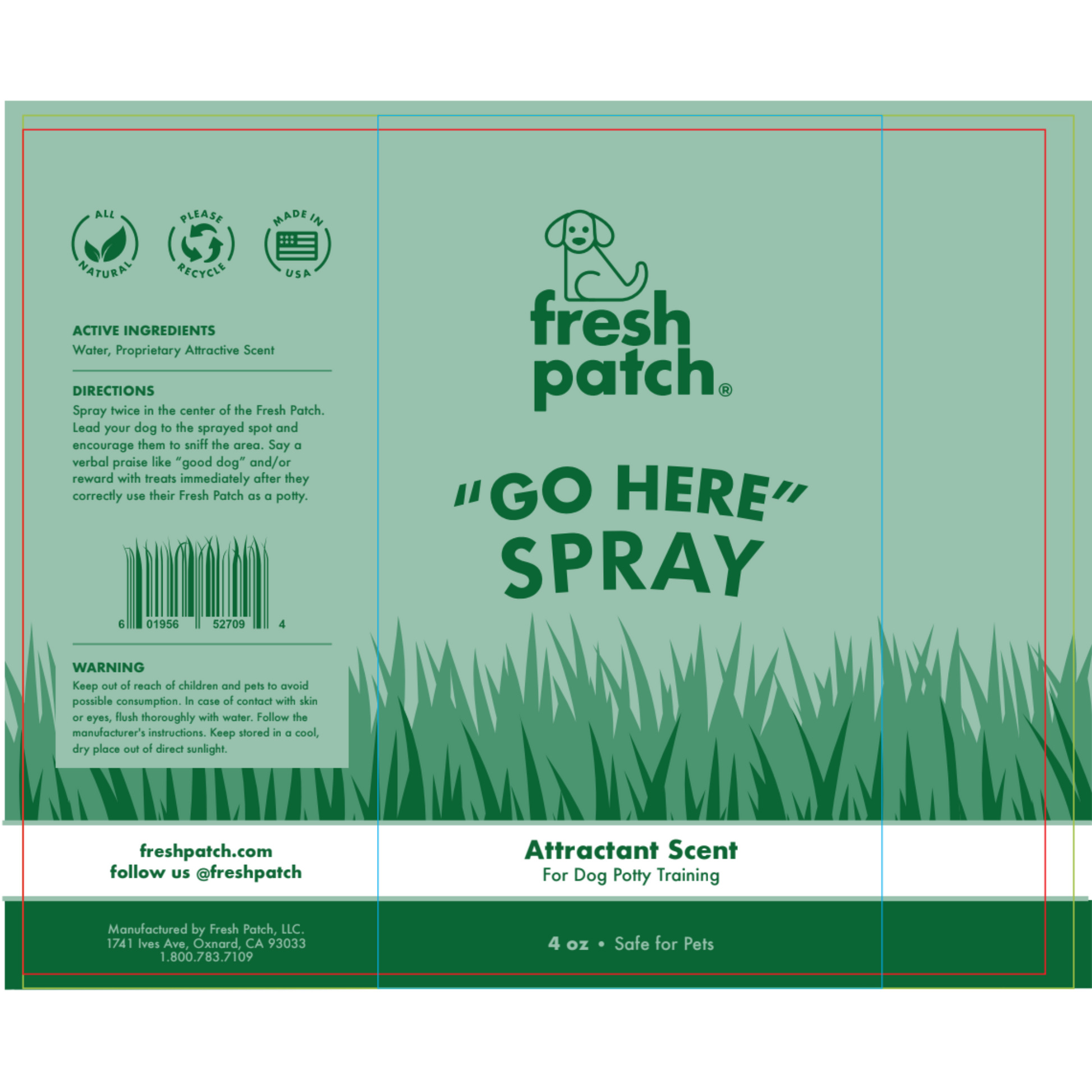 Label of Fresh Patch 'Go Here' Spray for dog potty training on a green background