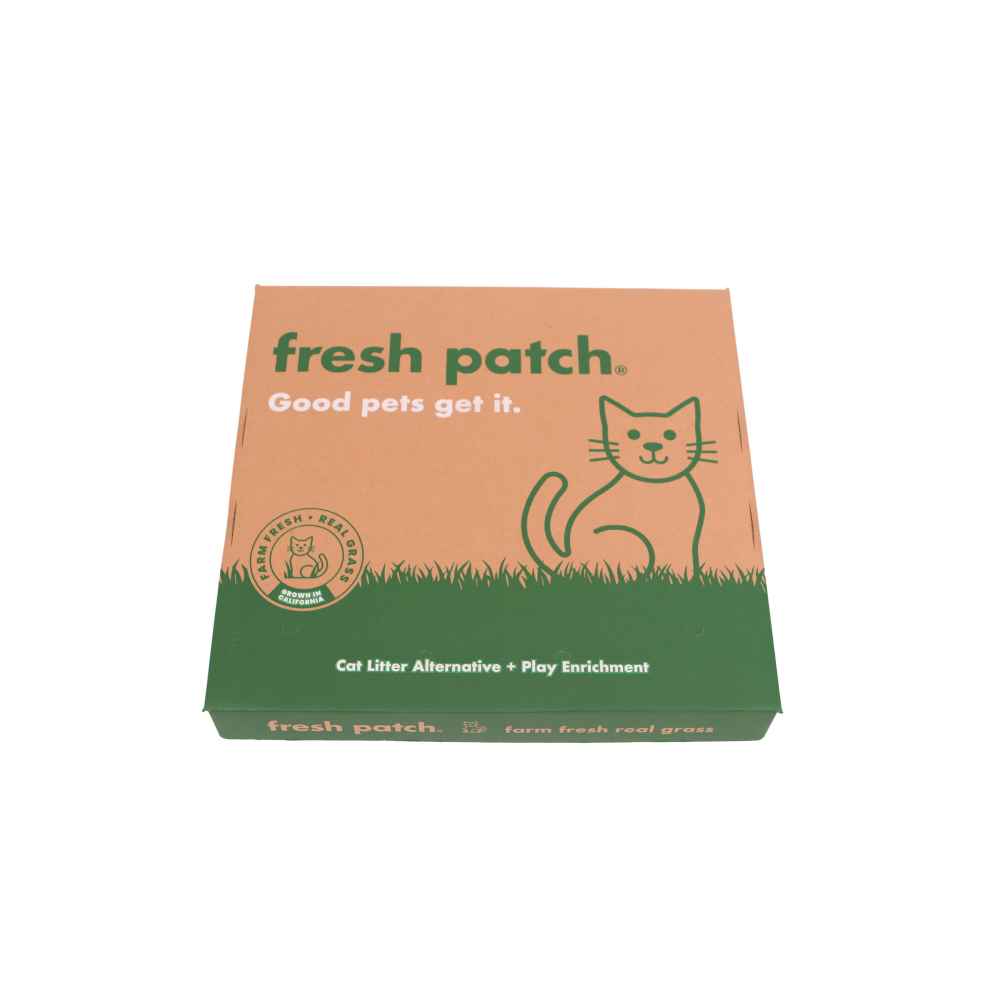 top view of box with 'fresh patch' branding and a cat logo