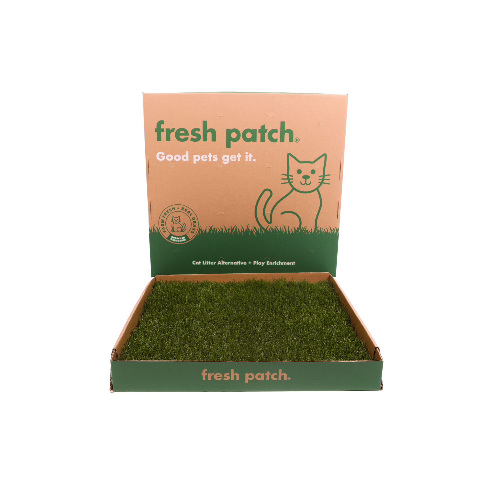 grass patch inside a cardboard box with 'fresh patch' branding and another box behind also showing 'fresh patch' branding and a cat logo