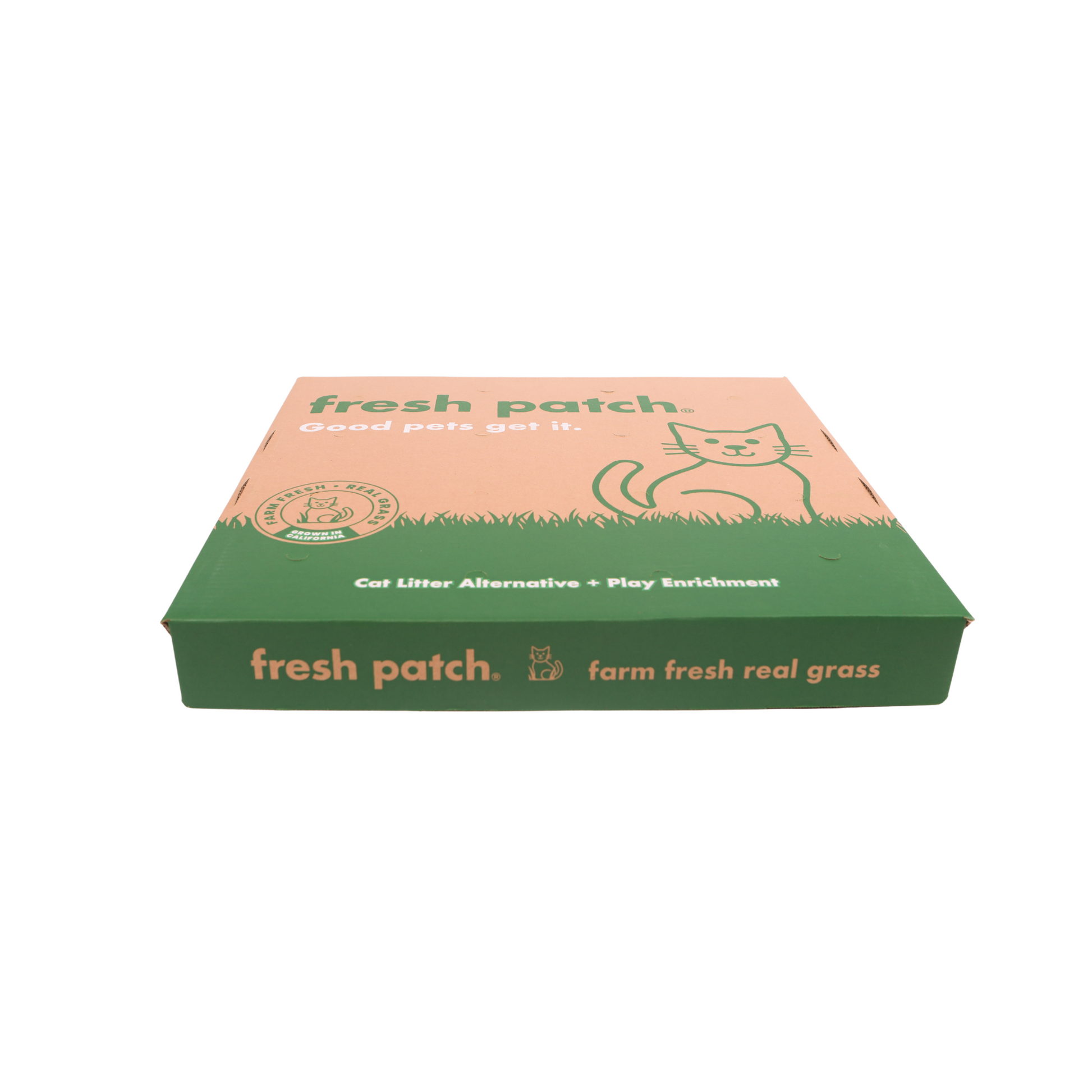 cardboard box with 'fresh patch' branding and a cat logo