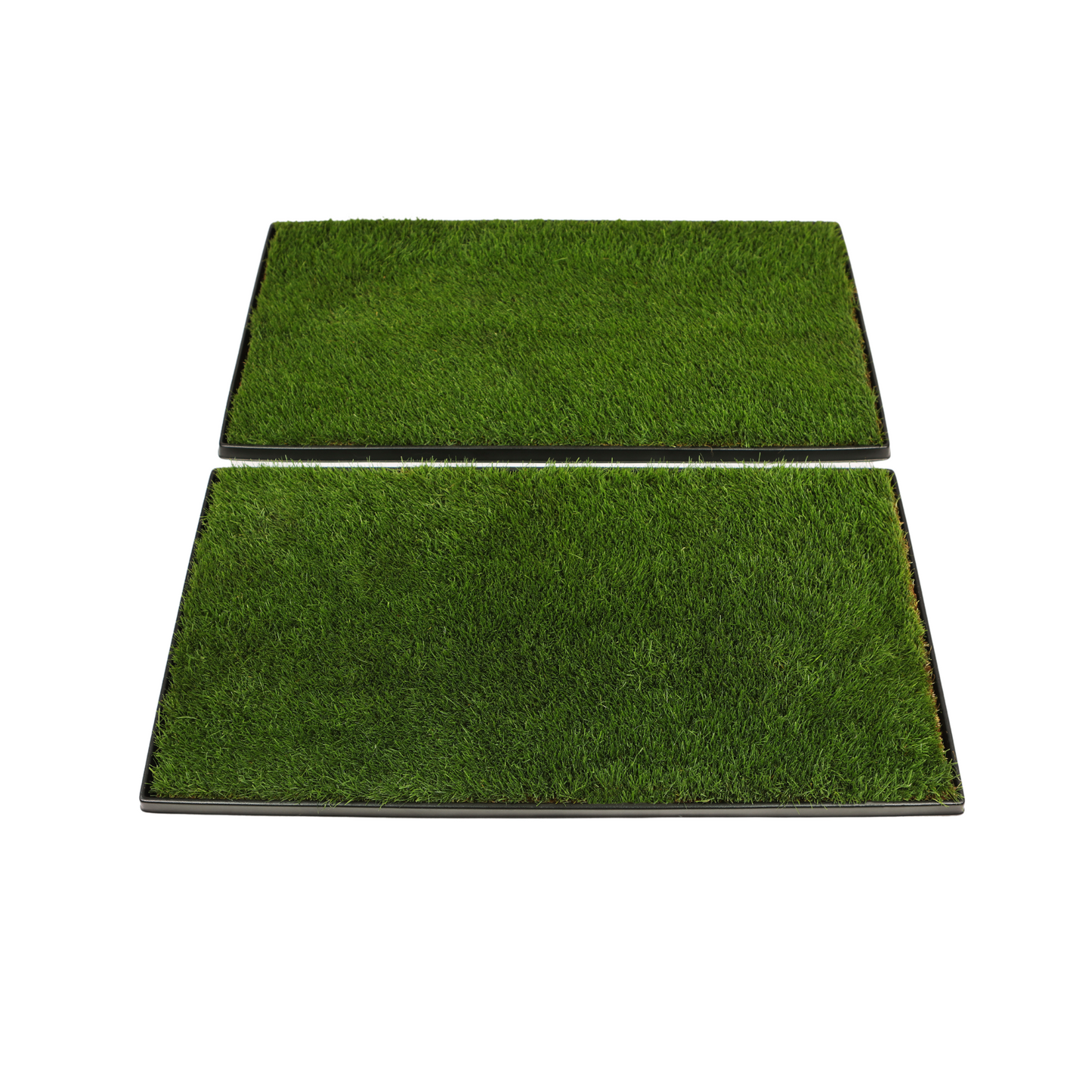 Two rectangular patches of green grass with black borders, designed for use as pet potty areas.