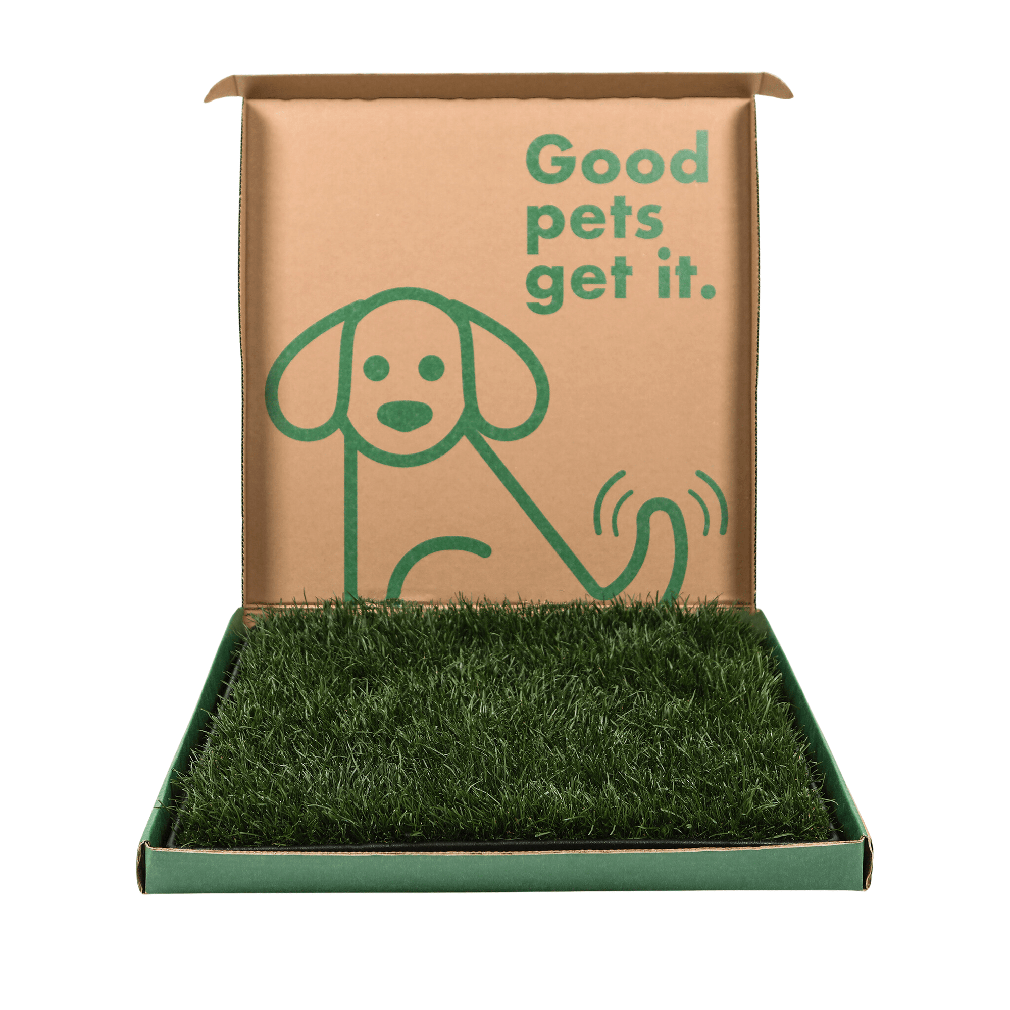 Vector of dog with slogan Good Pets Get it with Large Fresh Patch Grass and Tray