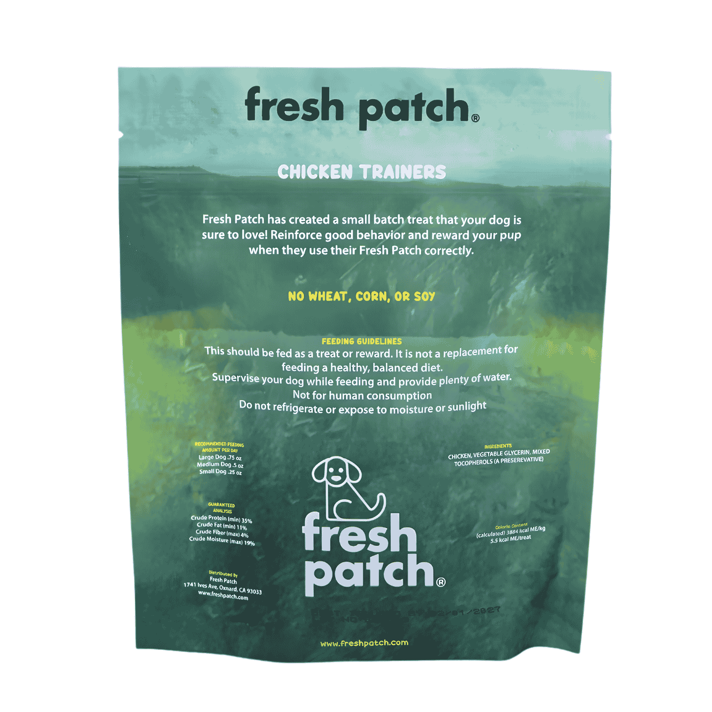 Green package of fresh patch chicken trainers on a white background