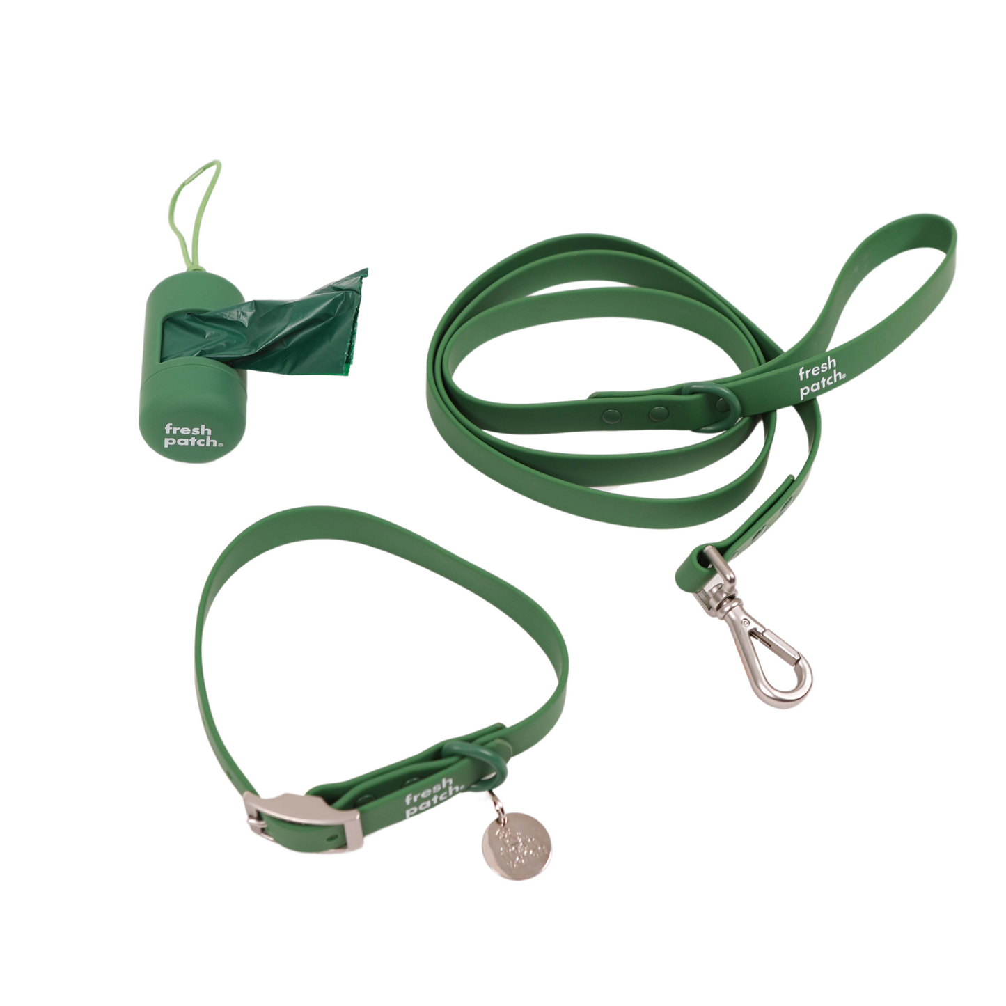 Green collar, green leash, and green poop bag holder with poop bags
