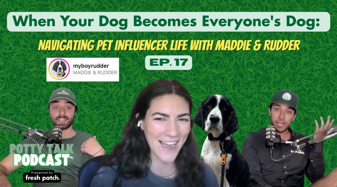 A promotional thumbnail for Episode 17, "When Your Dog Becomes Everyone's Dog: Navigating Pet Influencer Life with Maddie & Rudder," featuring Maddie and her dog alongside two podcast hosts.