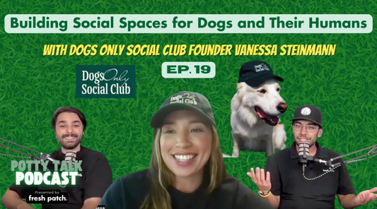 A promotional thumbnail for Episode 19, "Building Social Spaces for Dogs and Their Humans," featuring guest Vanessa Steinmann, founder of Dogs Only Social Club, alongside a white dog and two hosts.
