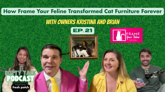 A promotional thumbnail for Episode 21, "How Frame Your Feline Transformed Cat Furniture Forever," featuring guests Kristina and Brian alongside two hosts and an image of a cat lounging inside a picture frame.