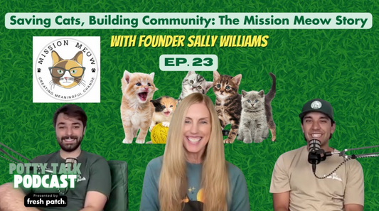 Collage-style podcast graphic with torn handwritten notes layered over a red patterned background, partial images of cats and three hosts in the center, and a green grass strip at the bottom, representing a Fresh Patch Podcast episode.