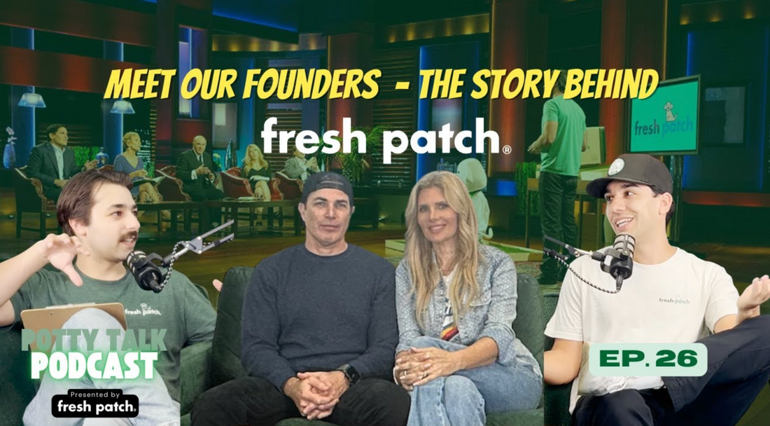 Podcast promo for “Potty Talk Podcast” Episode 26 featuring Fresh Patch founders and hosts in a studio setting, with “Meet Our Founders” headline, Fresh Patch branding, and three speakers seated with microphones.