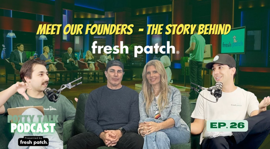 Podcast promo for “Potty Talk Podcast” Episode 26 featuring Fresh Patch founders and hosts in a studio setting, with “Meet Our Founders” headline, Fresh Patch branding, and three speakers seated with microphones.