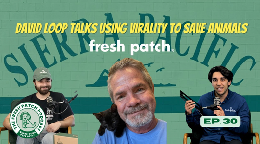 A thumbnail for The Fresh Patch Podcast Episode 30, with guest David Loop centered with a black cat on his shoulder, and text reading "DAVID LOOP TALKS USING VIRALITY TO SAVE ANIMALS.