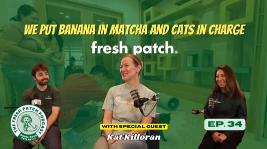 A thumbnail for The Fresh Patch Podcast Episode 34 featuring two hosts and special guest Kat Killoran, with text reading "WE PUT BANANA IN MATCHA AND CATS IN CHARGE."