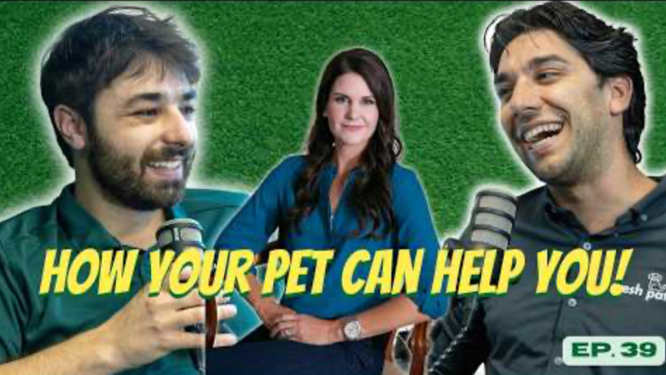 A thumbnail for The Fresh Patch Podcast Episode 39 featuring two hosts and a guest in a blue shirt, with text reading "HOW YOUR PET CAN HELP YOU!"