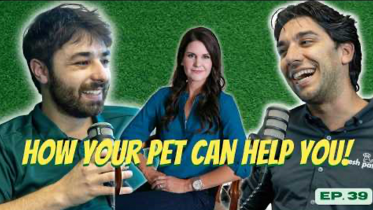 A thumbnail for The Fresh Patch Podcast Episode 39 featuring two hosts and a guest in a blue shirt, with text reading "HOW YOUR PET CAN HELP YOU!"