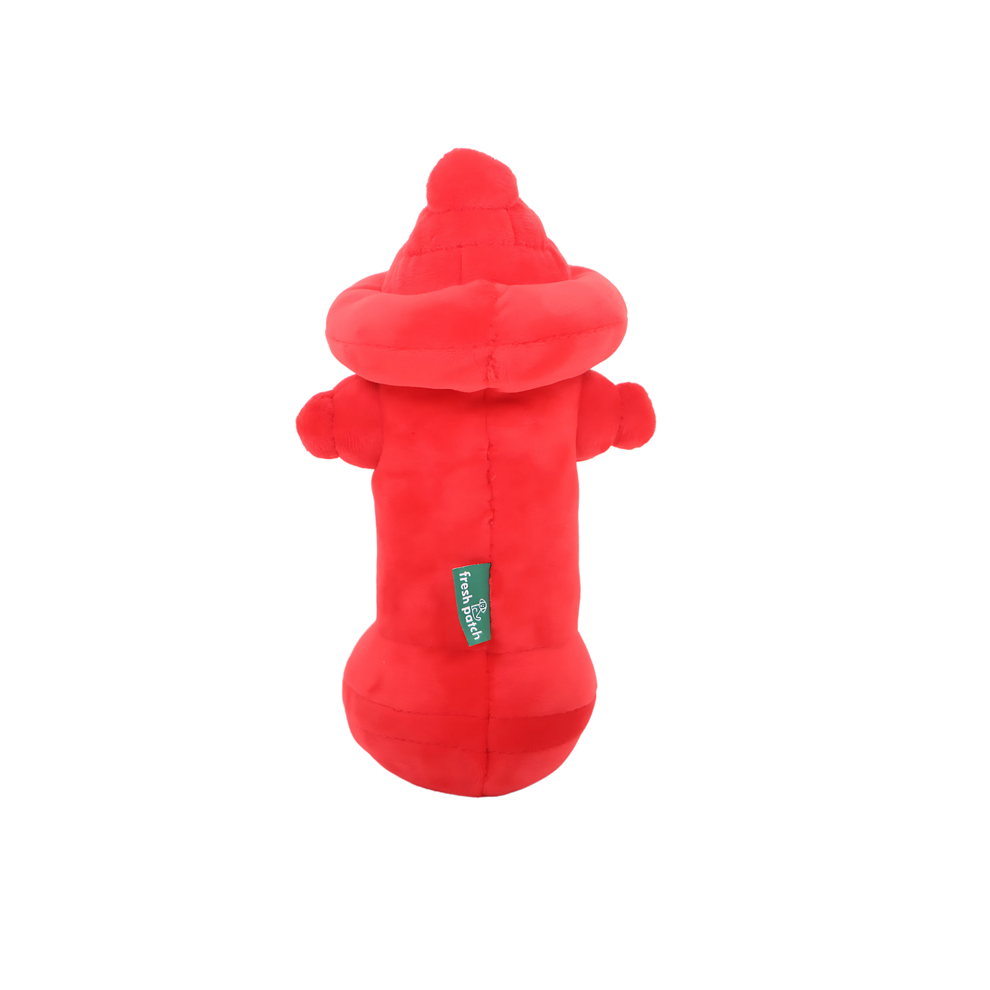 Red plush toy resembling a fire hydrant with a small green tag with text "fresh patch" on a white background