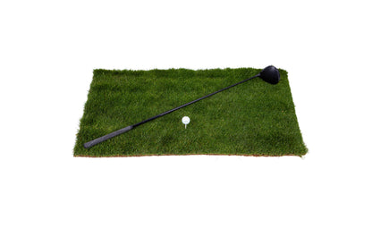Golf club and ball on a green grass patch with a white background