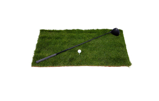 Golf club and ball on a green grass patch with a white background