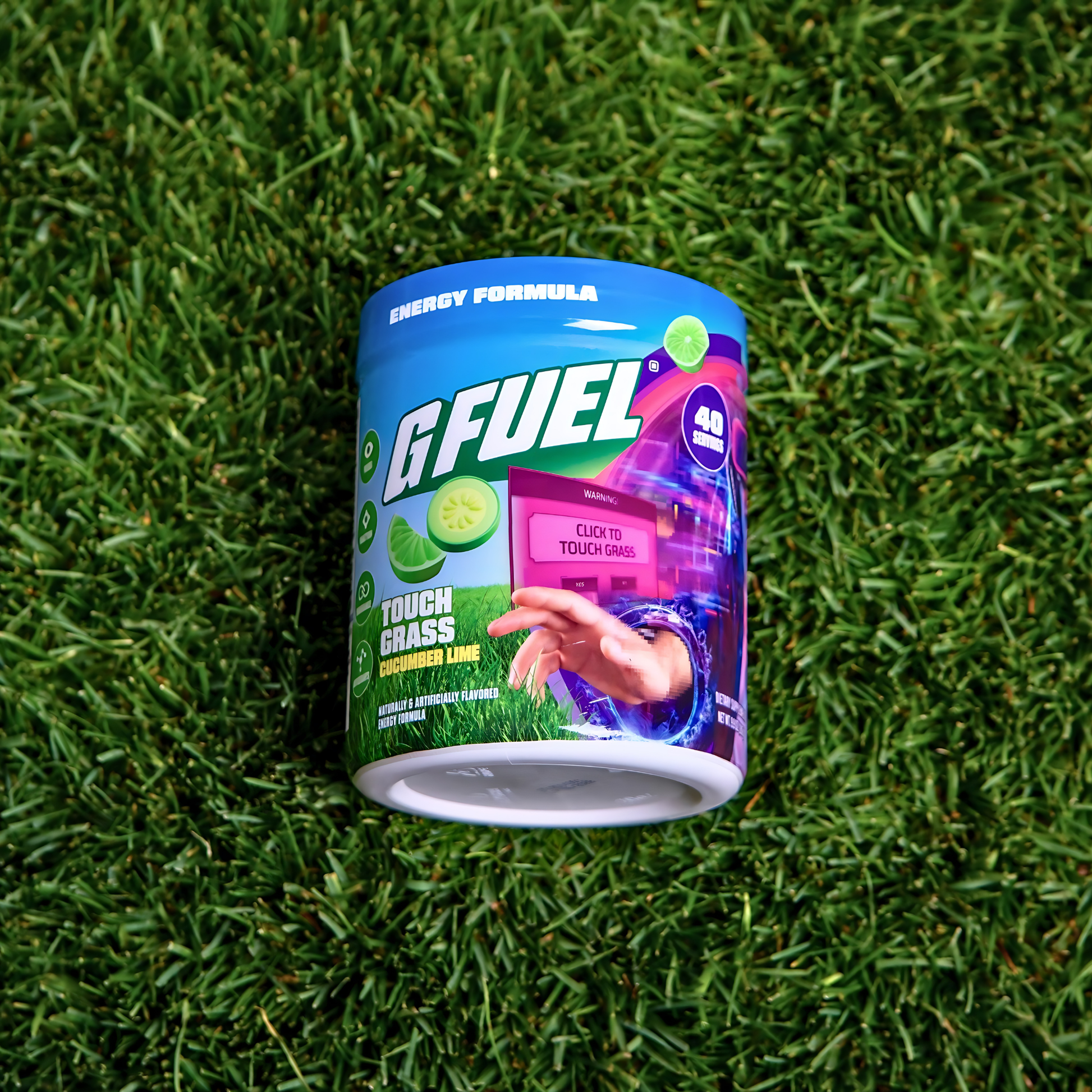G Fuel energy supplement container on grass