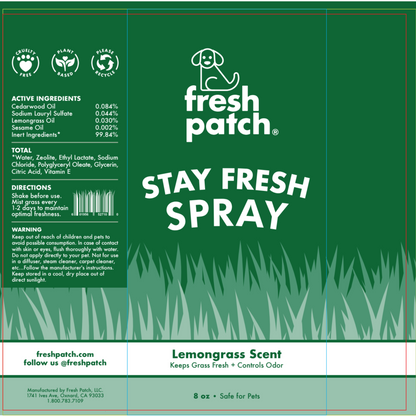 Green label of fresh patch stay fresh spray with lemongrass scent on a green background