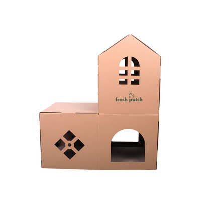 Cardboard cat house with 'fresh patch' branding on a white background