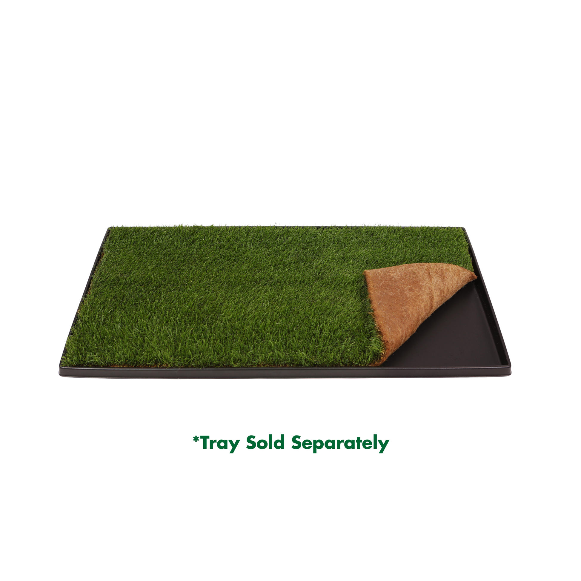 Green grass on a black plastic tray with the right corner of the grass folded over. Text below reads "Tray Sold Separately"