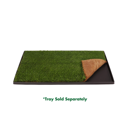 Green grass on a black plastic tray with the right corner of the grass folded over. Text below reads "Tray Sold Separately"
