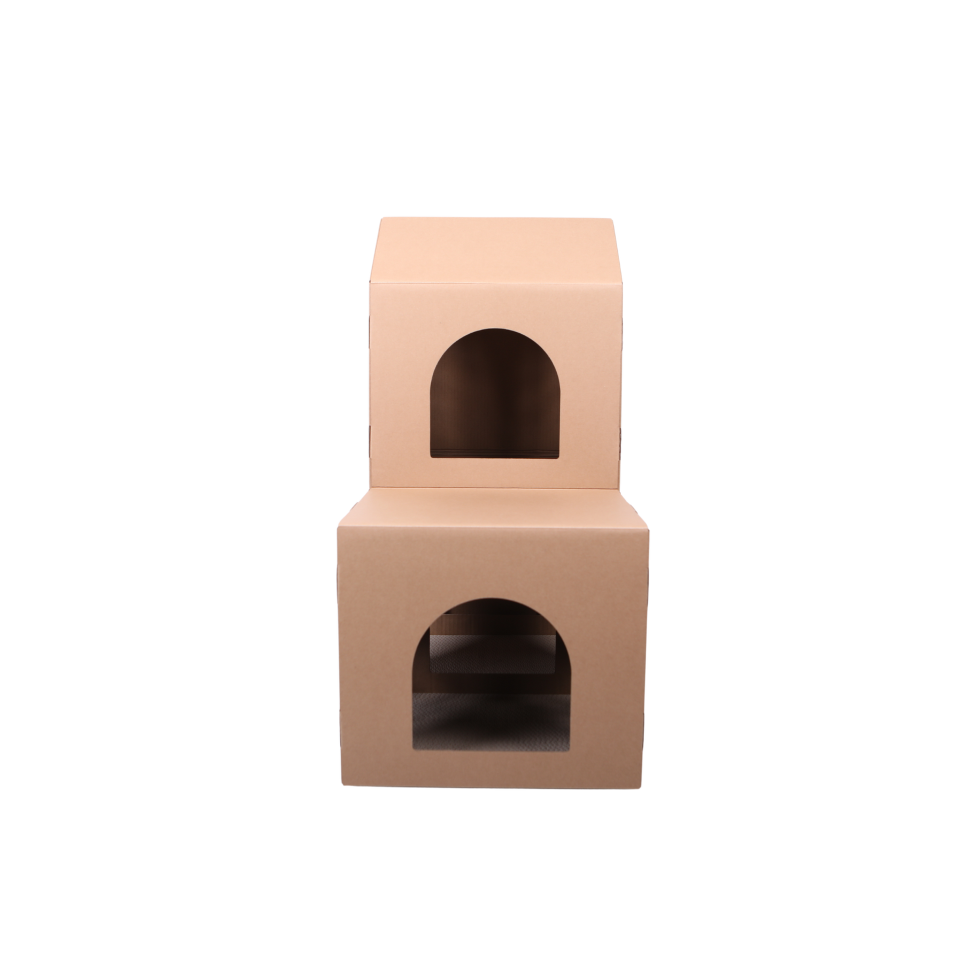Two-tiered cardboard pet house on a white background
