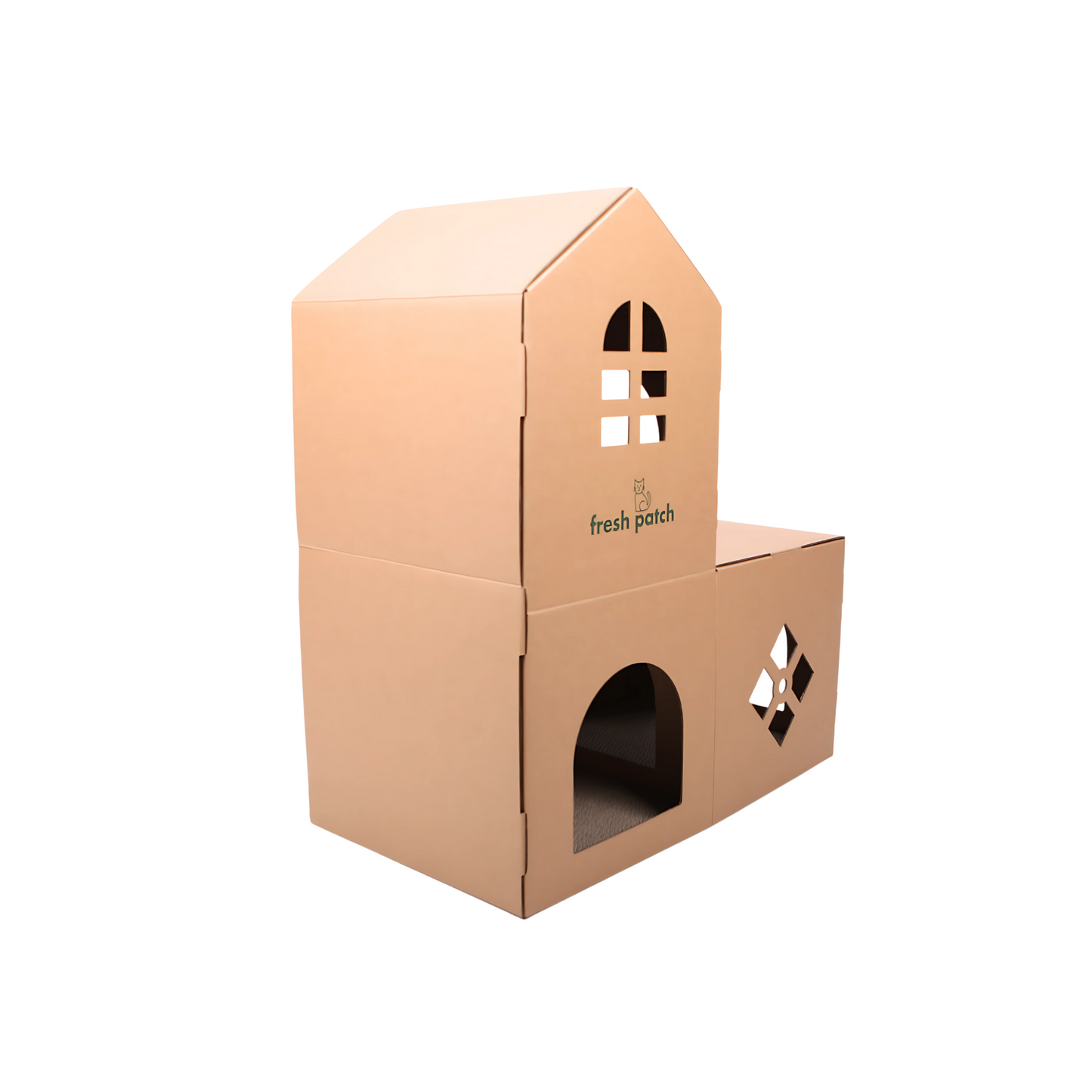 Cardboard cat house with 'fresh patch' branding on a white background