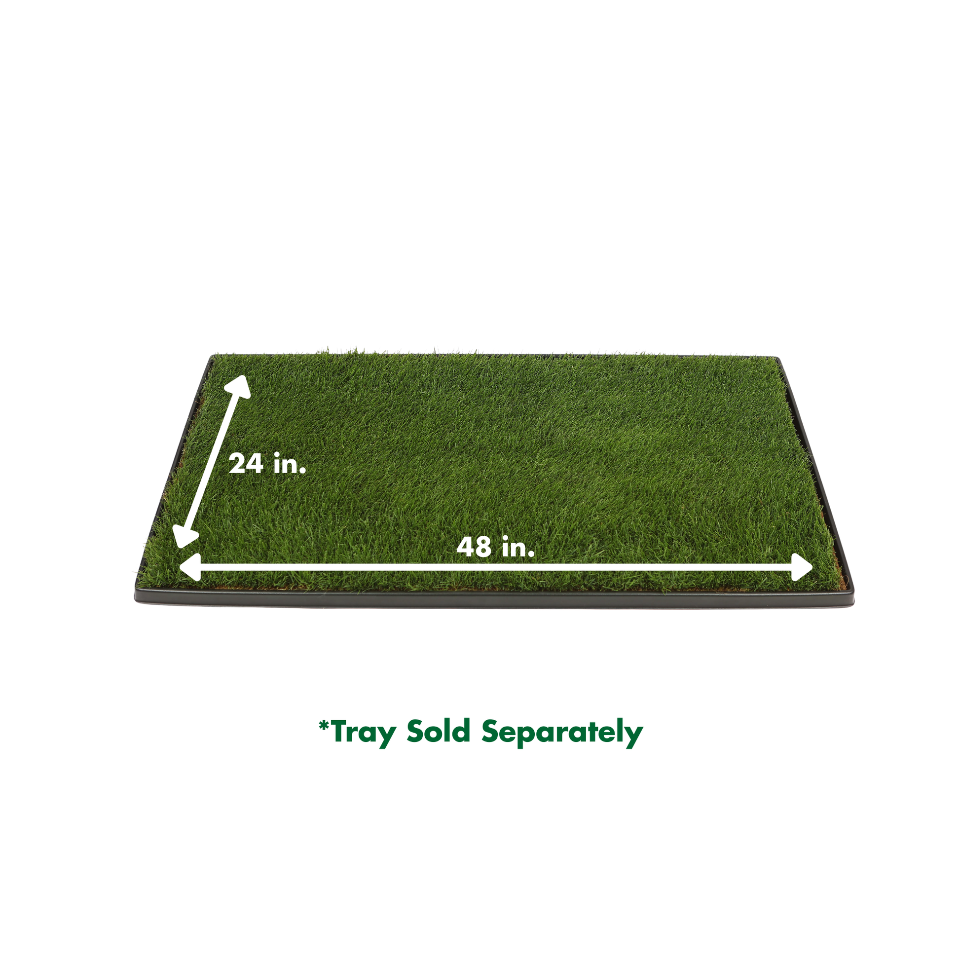 Real grass on a black tray measuring 24 inches by 48 inches; white arrows show dimensions. Text below notes: “Tray Sold Separately.”.