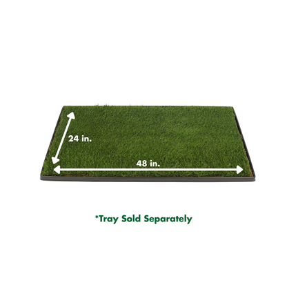 Real grass on a black tray measuring 24 inches by 48 inches; white arrows show dimensions. Text below notes: “Tray Sold Separately.”.