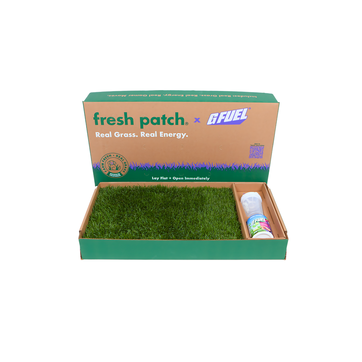 Box of 'fresh patch' with grass and a bottle on a white background