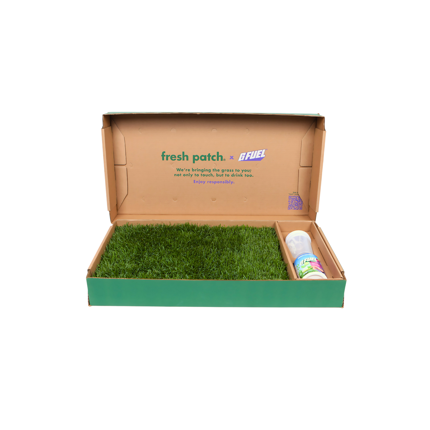 Box with real grass and a bottle, featuring 'fresh patch' and 'GFUEL' branding.