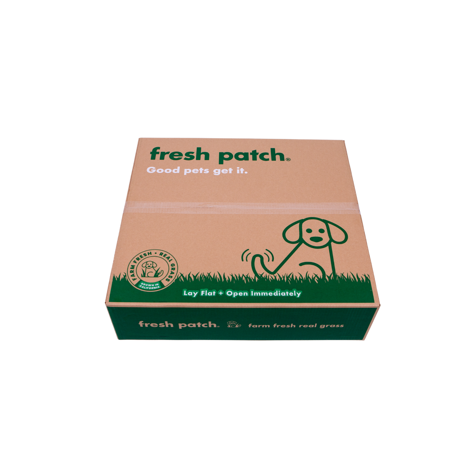Cardboard box with 'fresh patch' branding on a white background