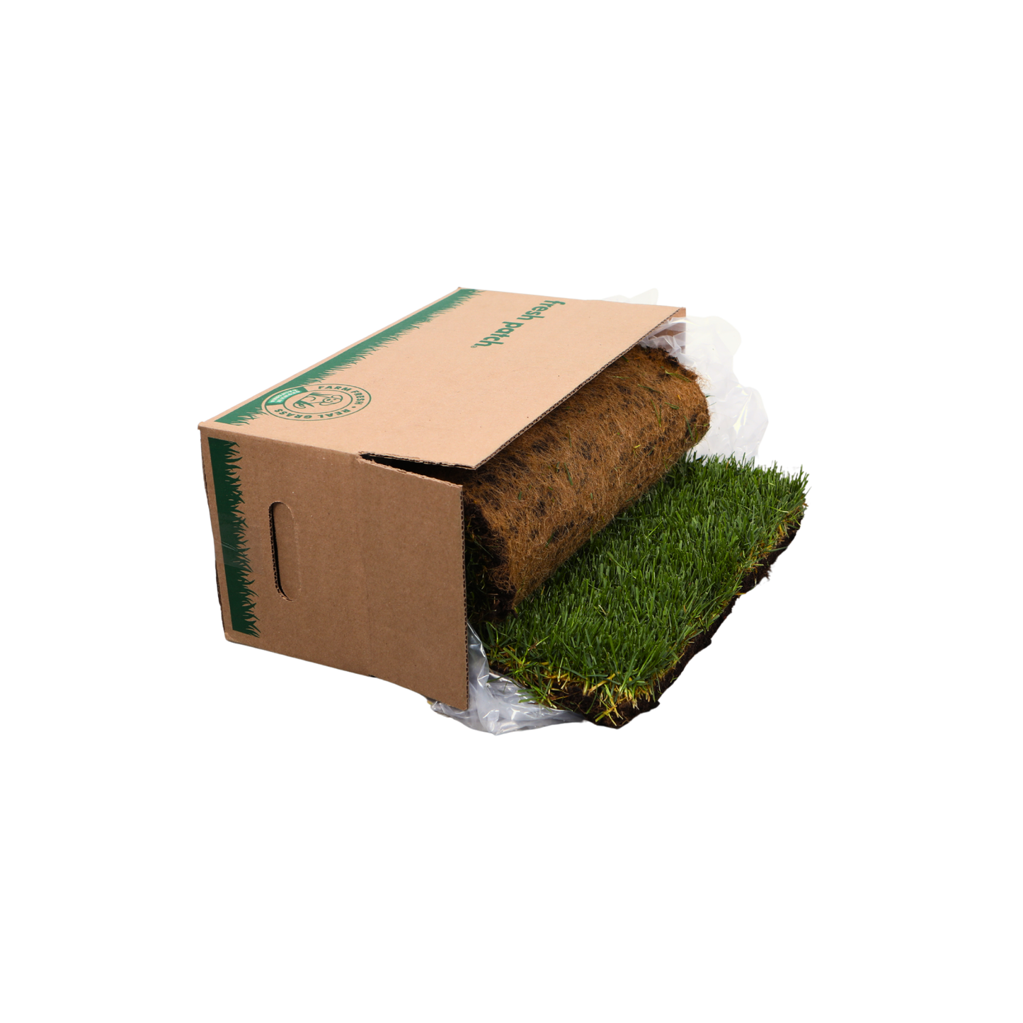 A roll of artificial grass turf partially pulled from its brown cardboard packaging box, with some clear plastic wrapping still visible, on a plain white background.