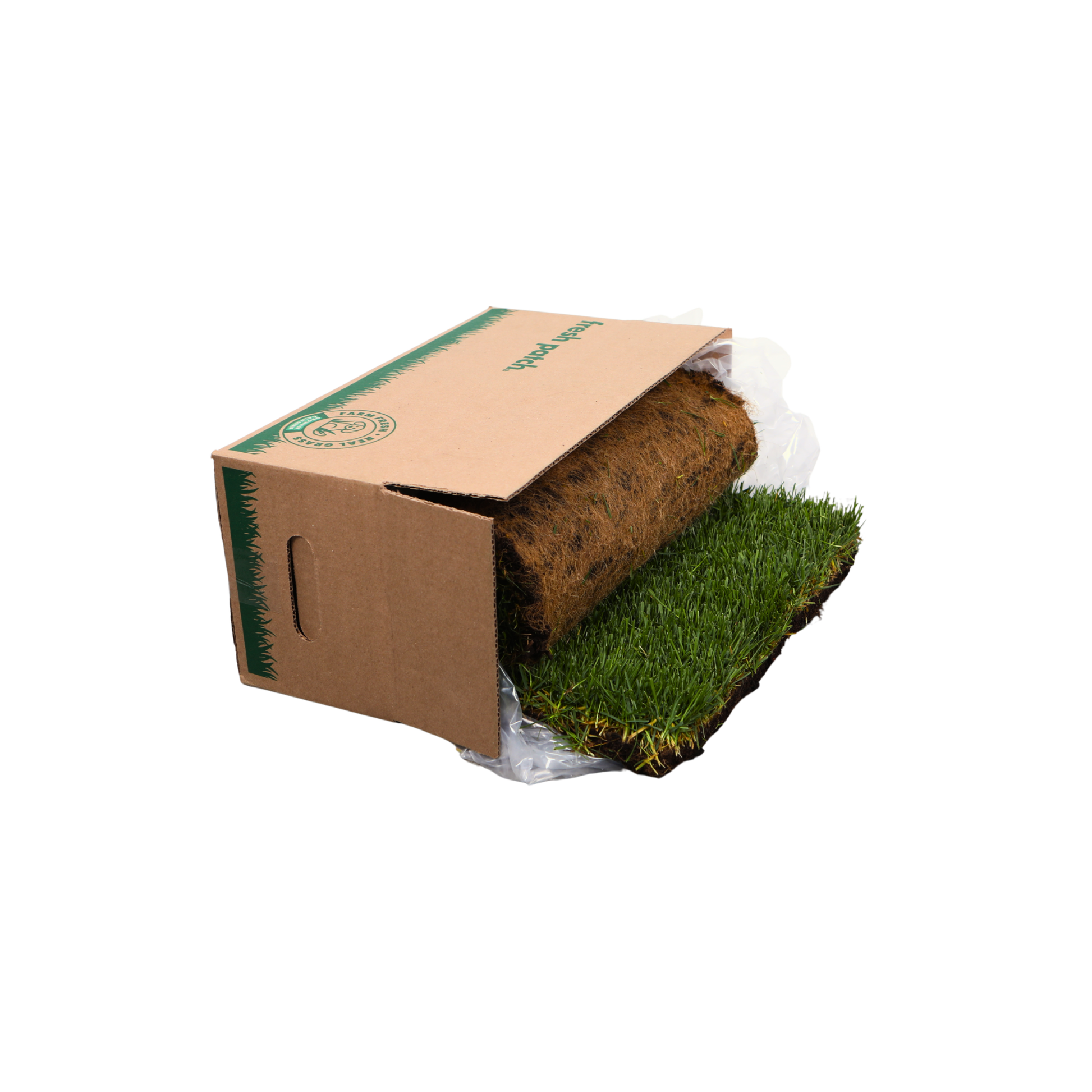 A roll of artificial grass turf partially pulled from its brown cardboard packaging box, with some clear plastic wrapping still visible, on a plain white background.