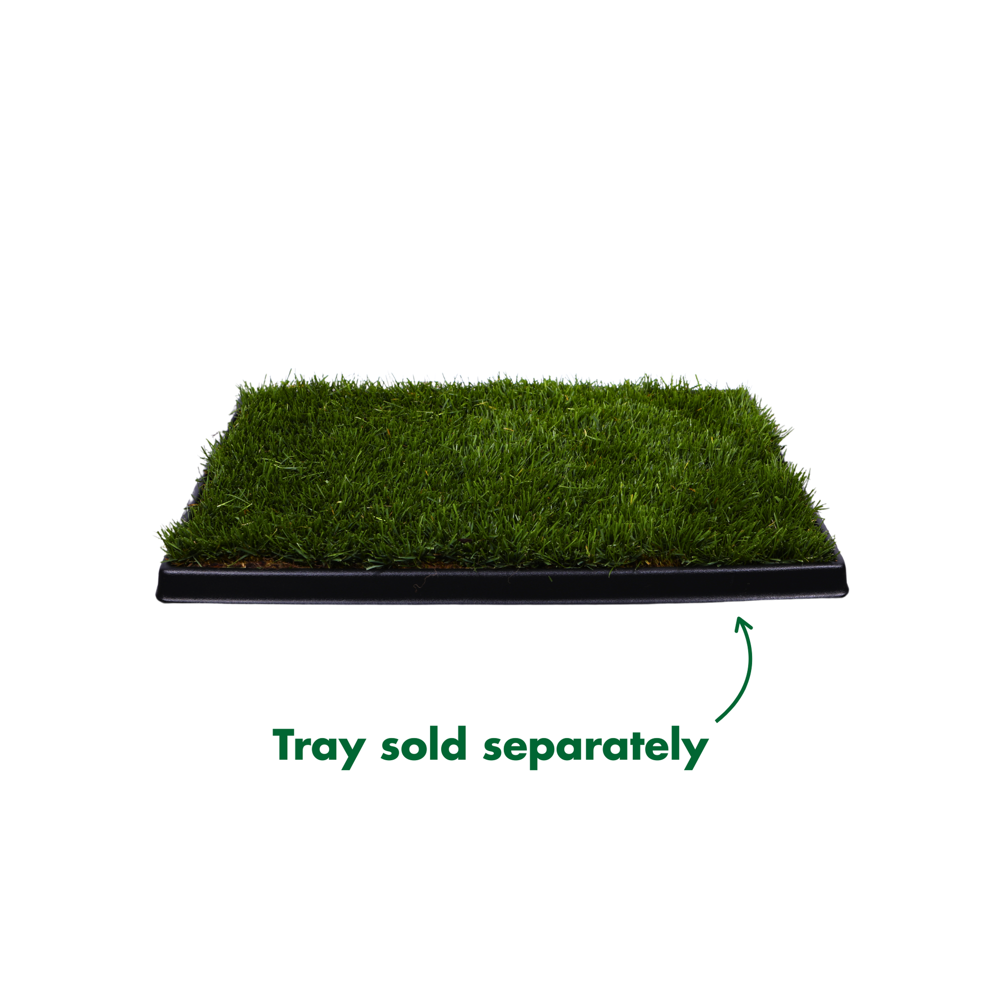 A rectangular patch of green artificial turf or grass mat shown on a black tray, with text below reading 'Tray sold separately' and an arrow pointing to the tray. No person, animal, or real environment is present.
