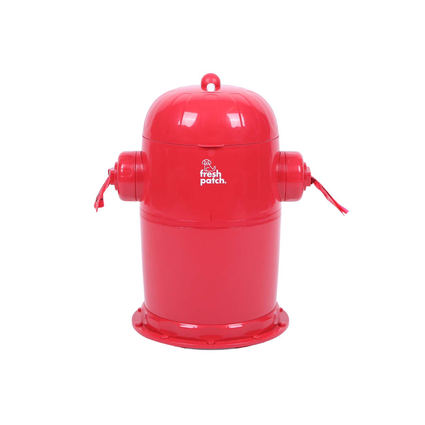 A bright red novelty fire hydrant container with a matching dome lid, featuring side nozzles with red pull cords and a white 'fresh patch.' logo on the front, set against a plain white background.