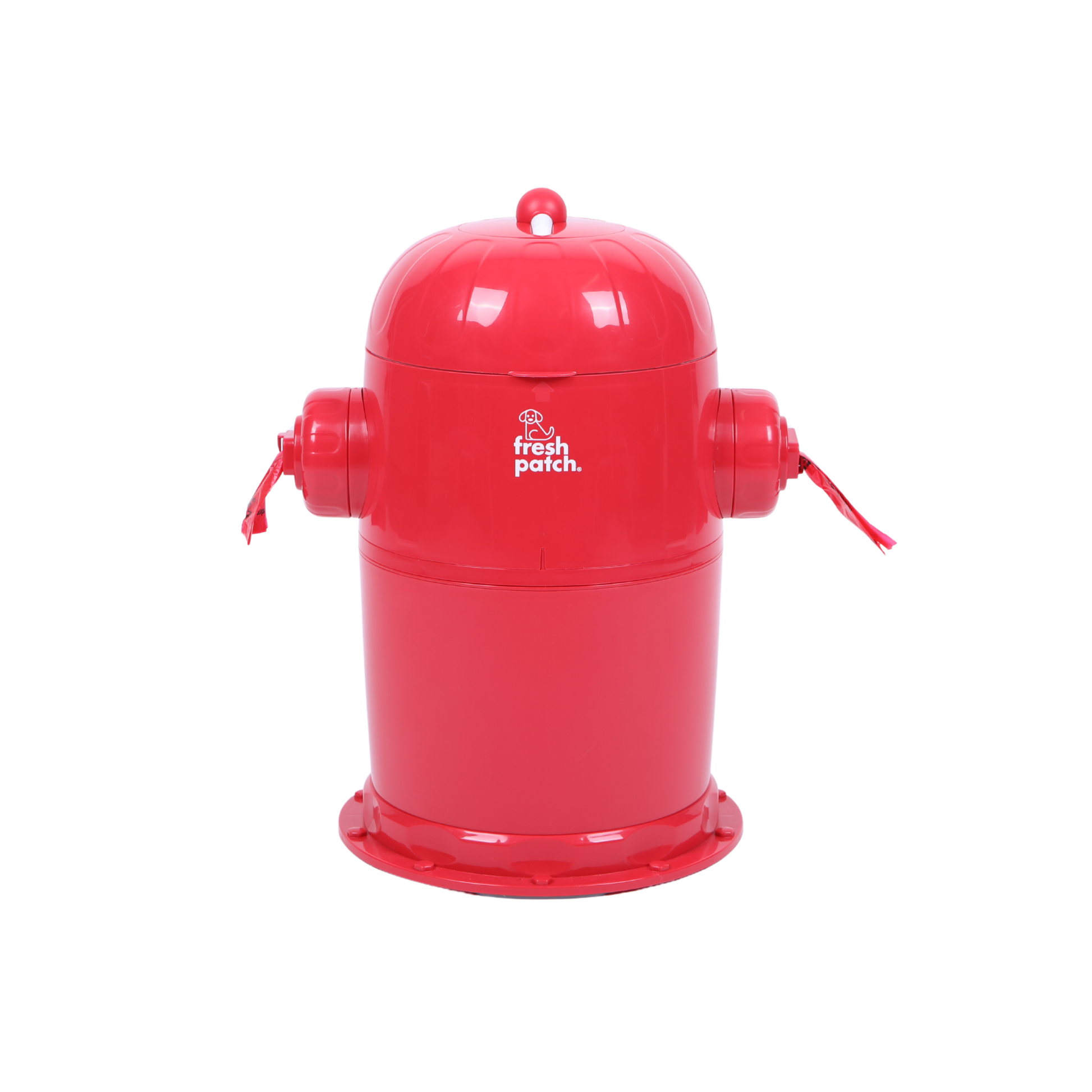 A bright red novelty fire hydrant container with a matching dome lid, featuring side nozzles with red pull cords and a white 'fresh patch.' logo on the front, set against a plain white background.