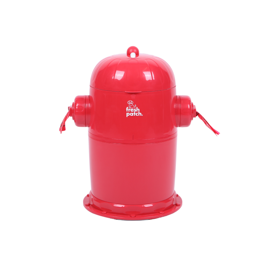 A bright red novelty fire hydrant container with a matching dome lid, featuring side nozzles with red pull cords and a white 'fresh patch.' logo on the front, set against a plain white background.