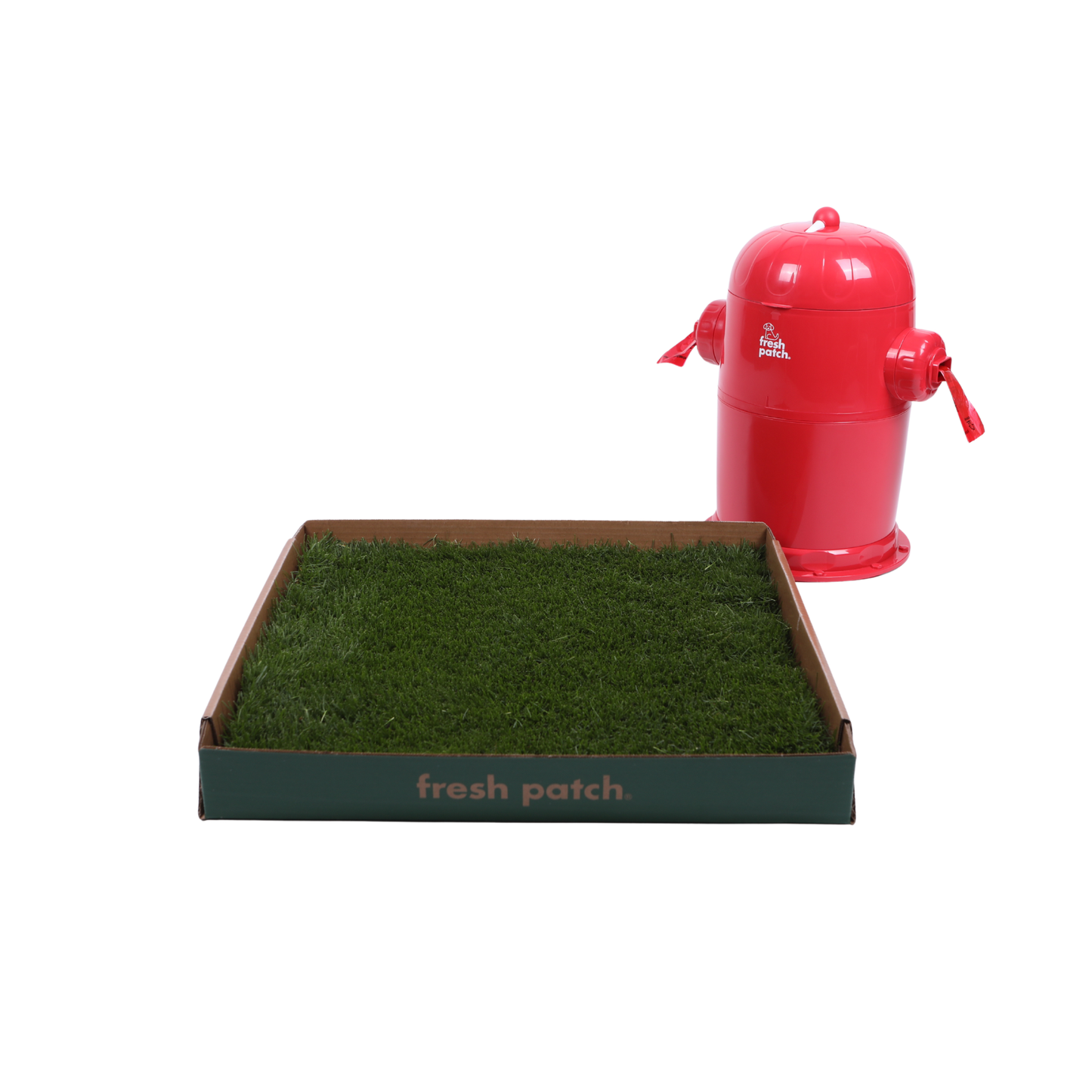 Red Fire hydrant trash can with white Fresh Patch logo next to a square box with real grass inside on a white background