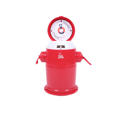 A red and white  fire hydrant-style trash can with an open top lid showing a dial gauge, photographed on a plain white background.