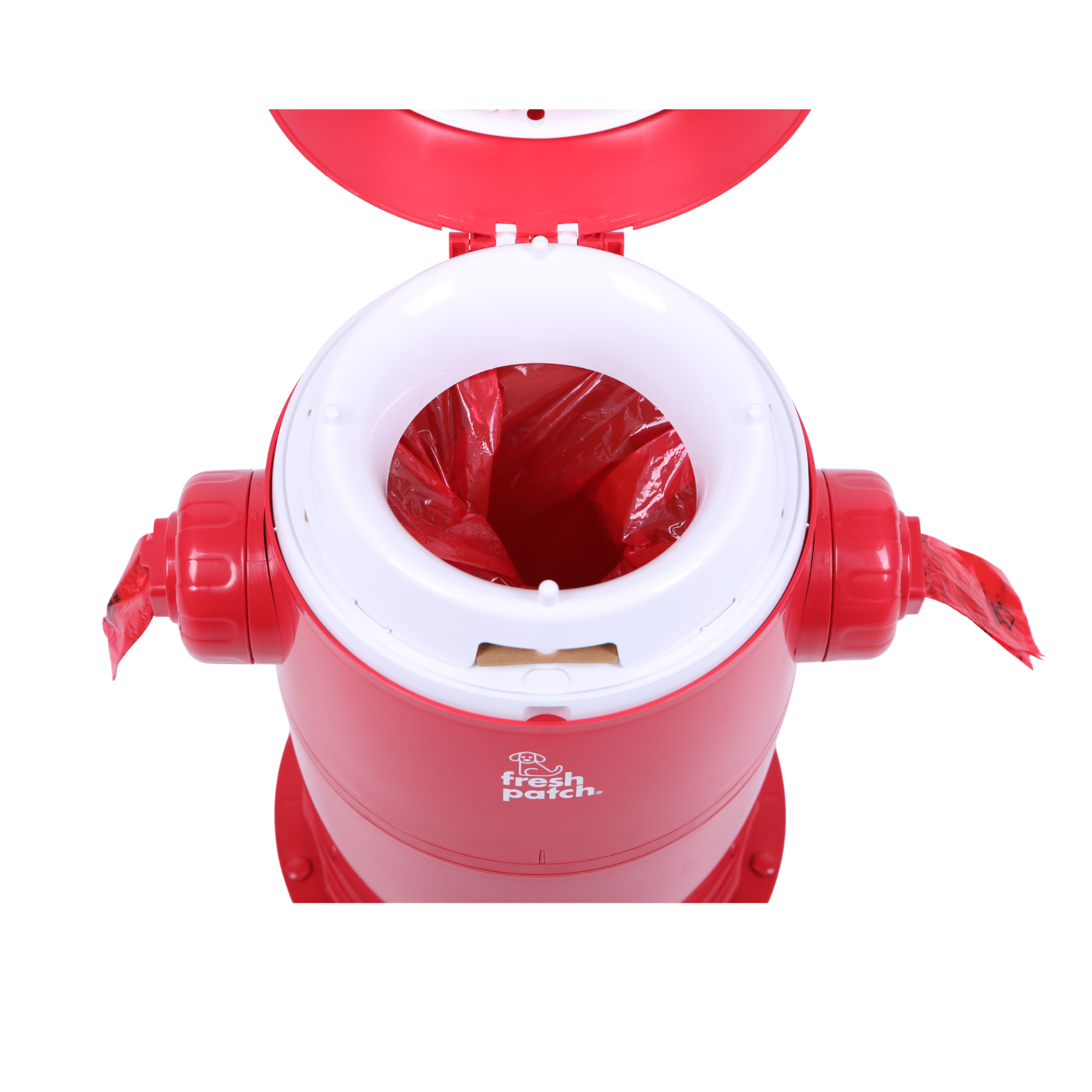 A red fire hydrant trash can with its lid open, showing a white rim and a red plastic liner inside. The brand name 'fresh patch.