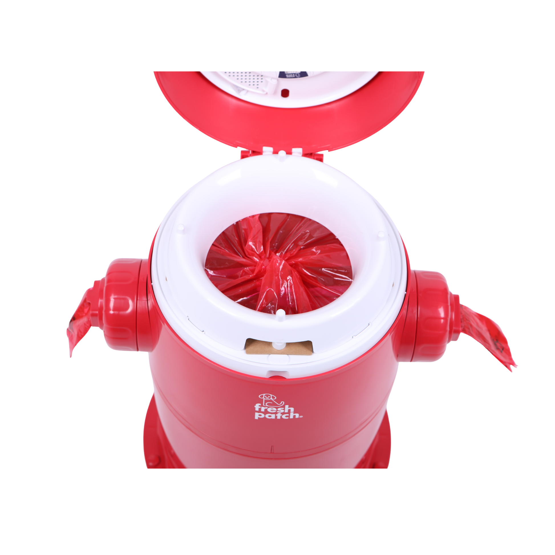 A red and white fire hydrant trash can plastic bag sealer shown open, with a red plastic bag inside the circular opening, on a plain white background.