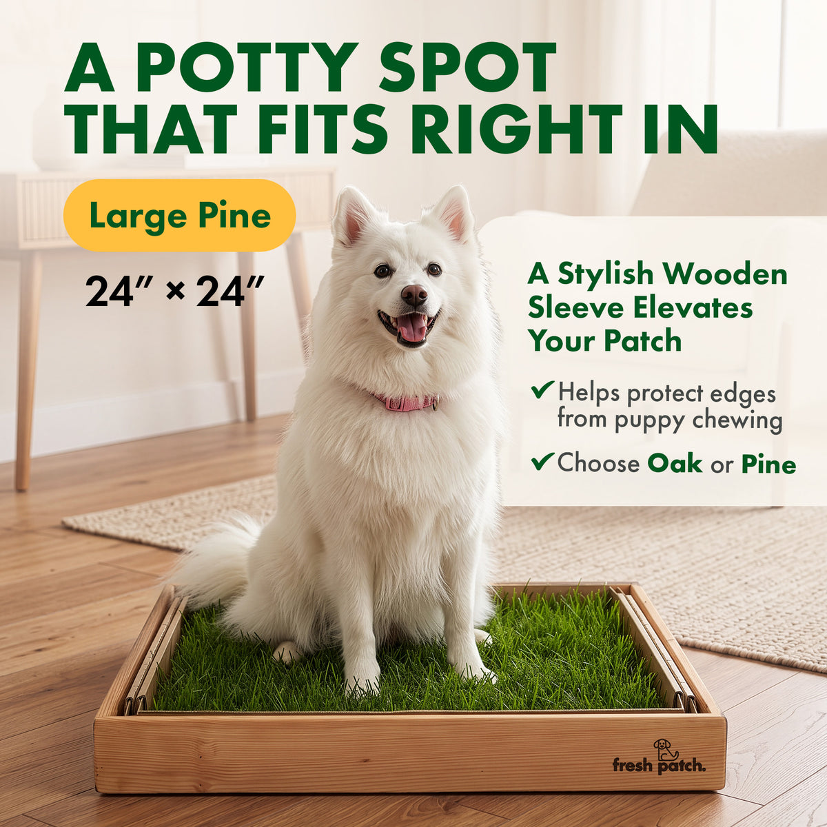 Fluffy white dog with a pink collar sitting on a Fresh Patch grass tray in a pine wood frame in a bright living room. Text reads: A potty spot that fits right in. Large Pine, 24 by 24 inches. A stylish wooden sleeve elevates your patch. Helps protect edges from puppy chewing. Choose Oak or Pine.