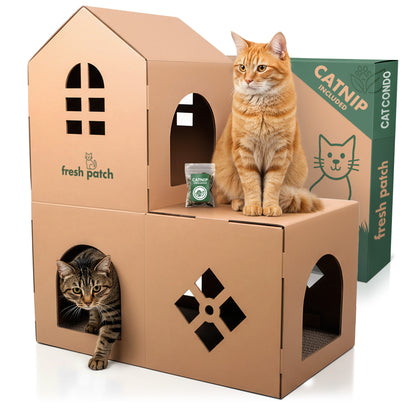 Cardboard cat house with two cats and a box of catnip on a white background