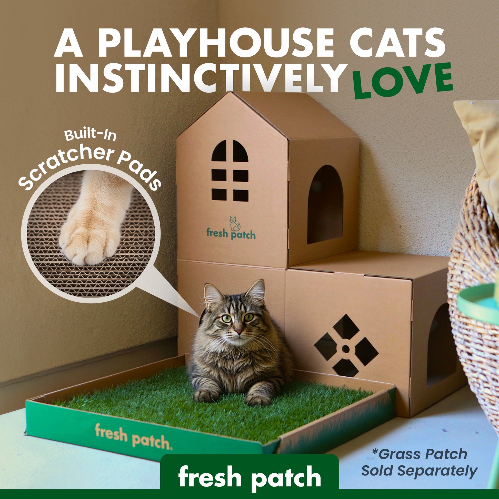 Cardboard cat playhouse with a cat sitting inside, featuring 'fresh patch' branding.