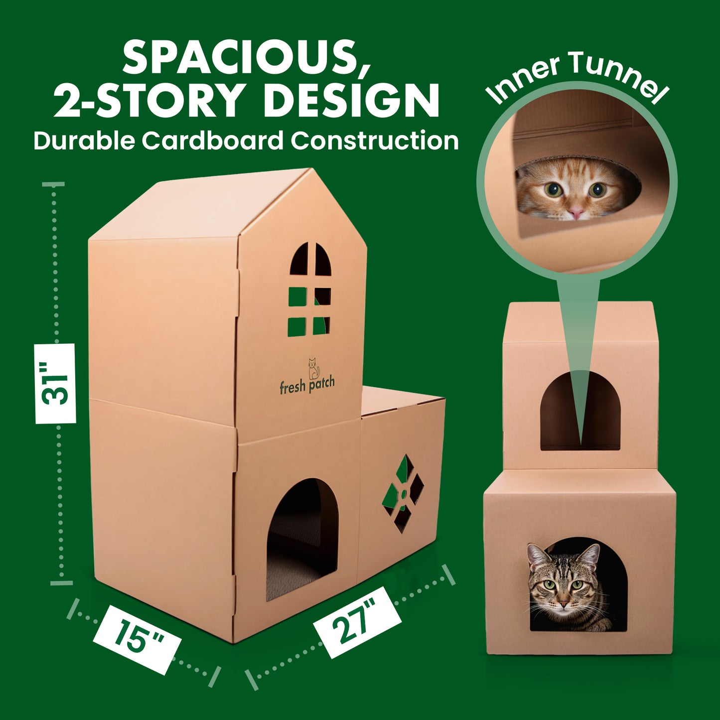 Cardboard cat house with dimensions and a cat peeking out, on a green background.